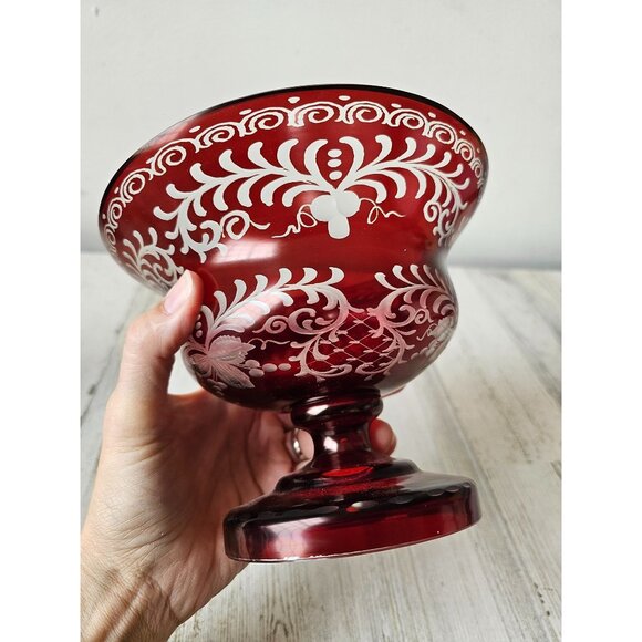 Egermann Ruby red Bohemian cut base pedestal vintage flower cranberry glass - Picture 4 of 8